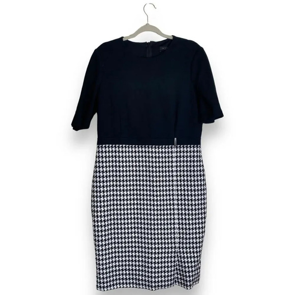 TED BAKER Johan Mixed Media Dress Houndstooth Black White Ted 6 US Plus Size 2X - Picture 1 of 8